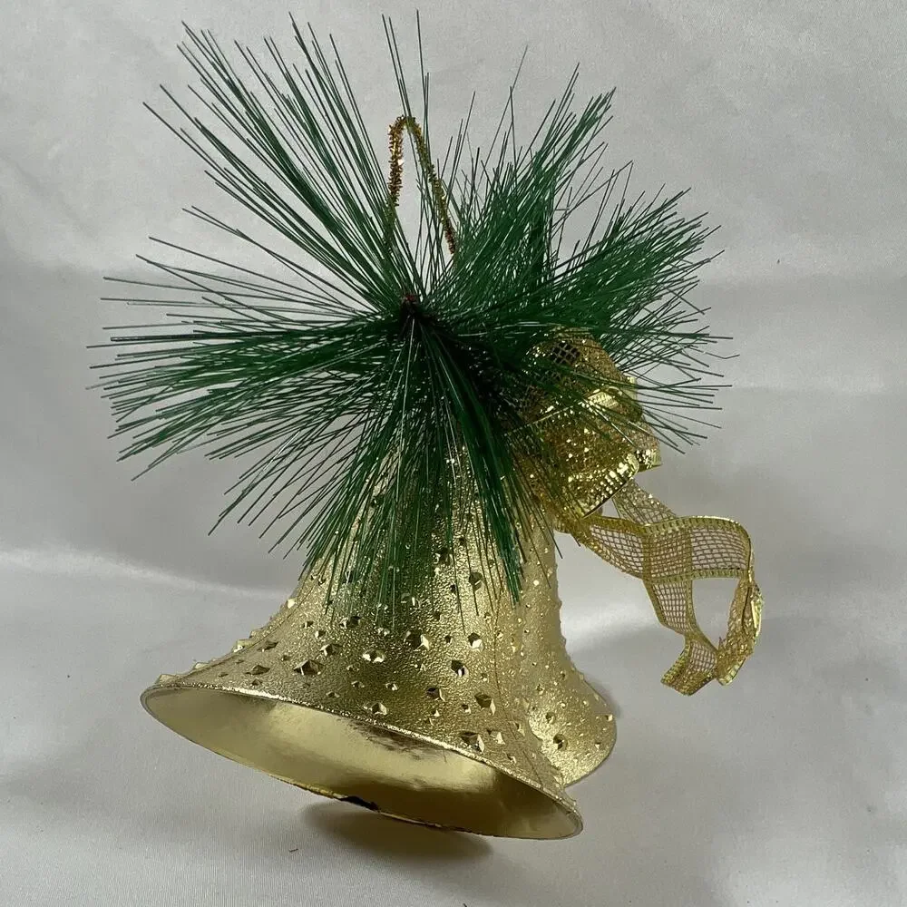 Vintage Gold Double Bumpy Bell Christmas Hanging Bow Pine Needles Greenery